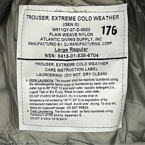 Primaloft ECWS Gen III Extreme Cold Weather Military Trouser Pants Sz Large Reg - Picture 5 of 11